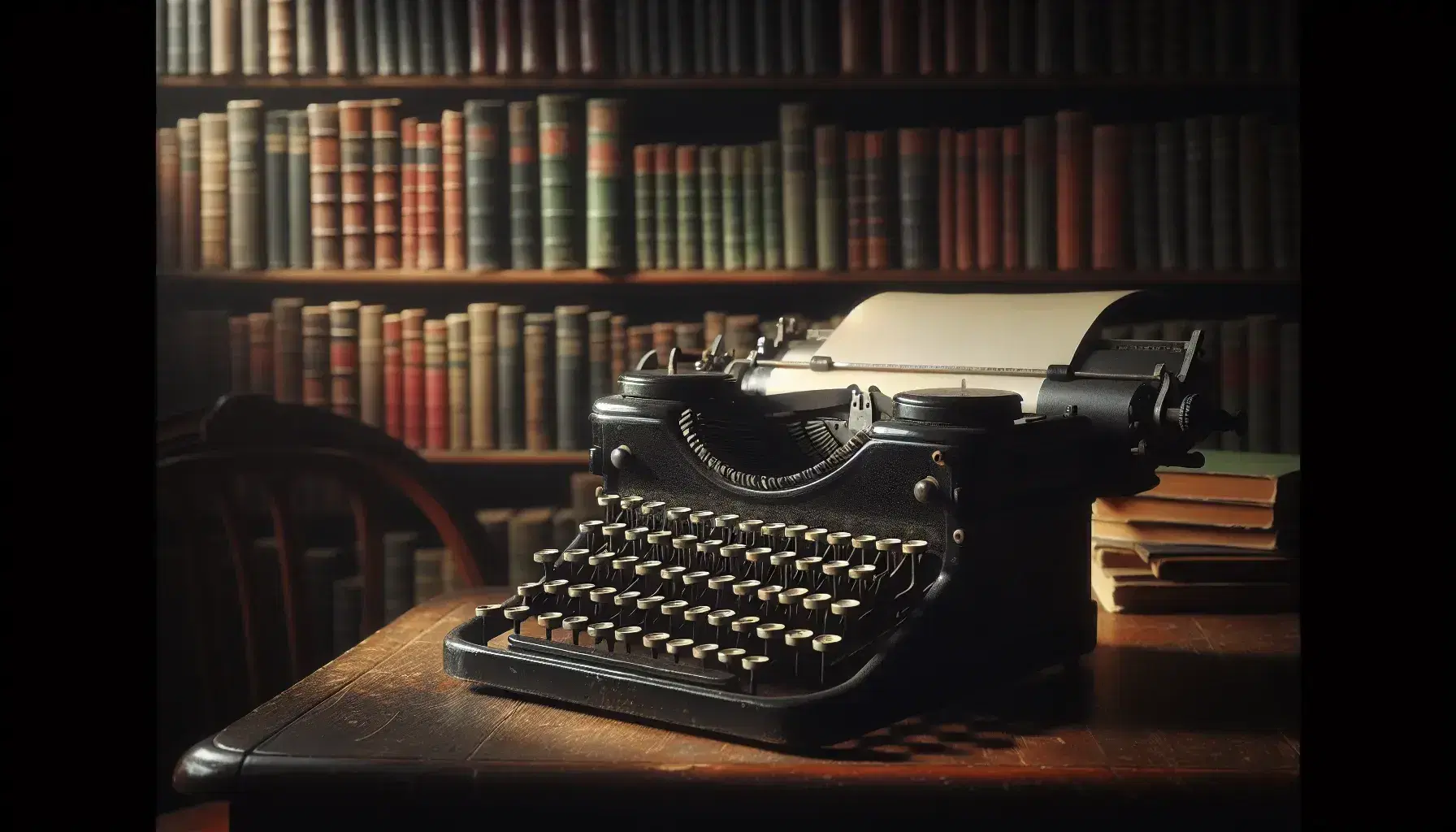 Vecchia macchina da scrivere nera con tasti avorio su tavolo in legno scuro, sfondo sfocato con libreria piena di libri.