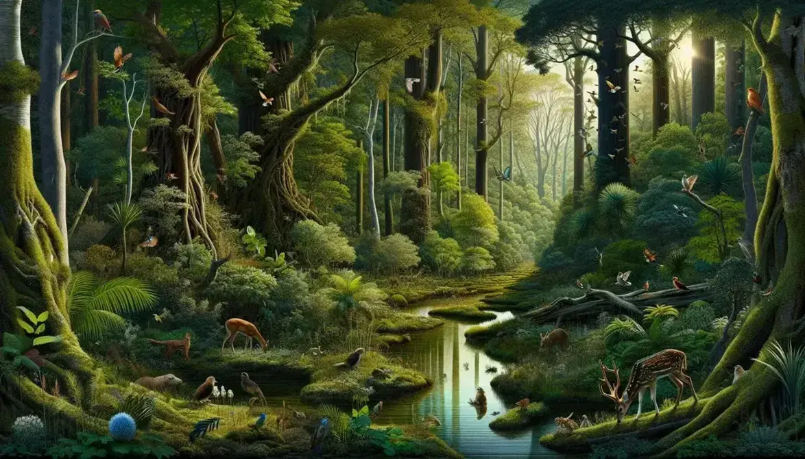 Lush forest ecosystem with a clear stream, diverse trees, a deer drinking water, a squirrel climbing, birds in flight, and dappled sunlight.
