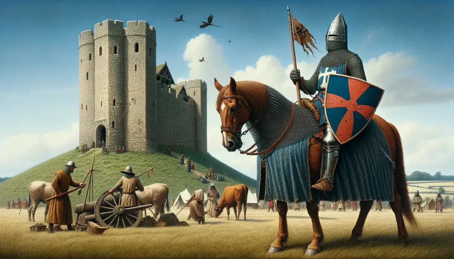 Norman knight in armor on horse with red shield and spear, medieval castle in the background, farmers and oxen at work in the countryside.