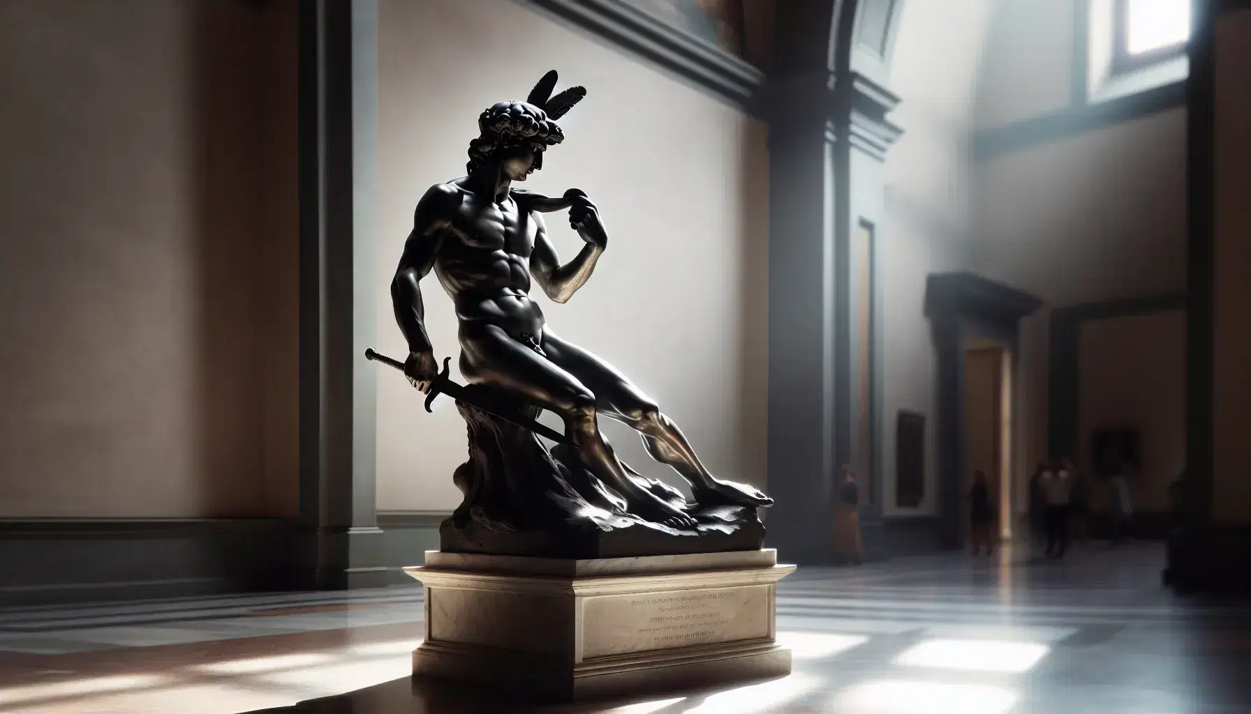 Statua in bronzo di David di Donatello su piedistallo in marmo chiaro, con cappello piumato, spada e testa di Golia ai suoi piedi.