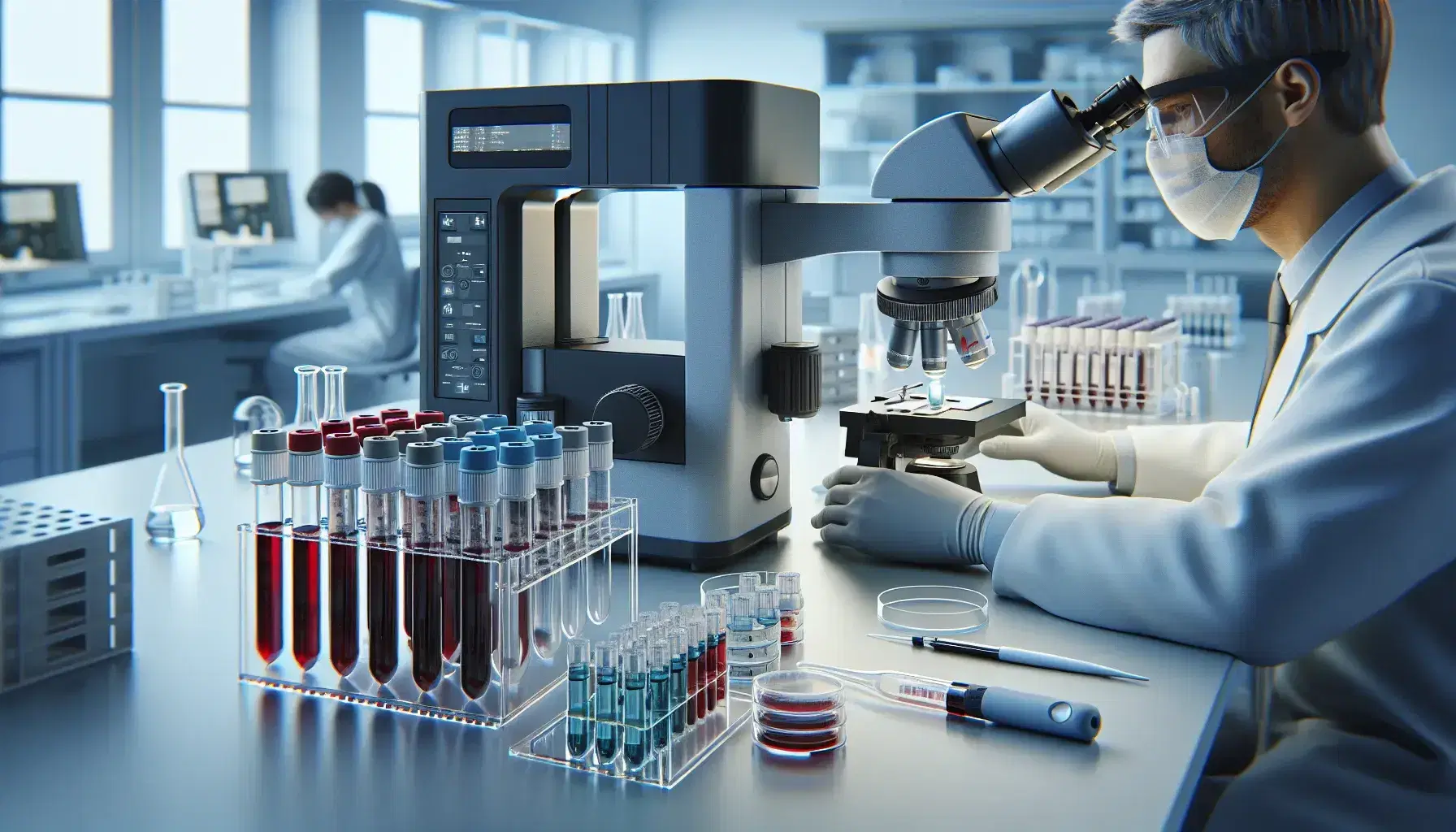 Microscopio elettronico in laboratorio biomedico con provette contenenti campioni di sangue e ricercatore che analizza altri campioni.