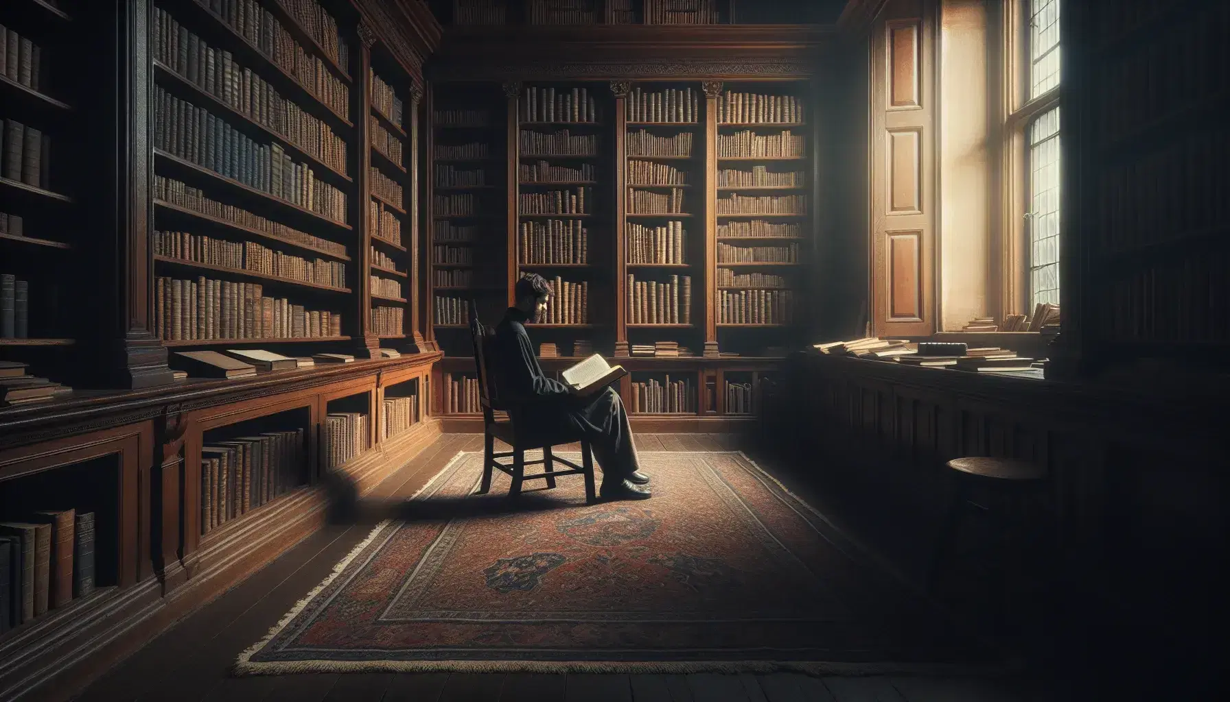 Persona leyendo un libro en una biblioteca antigua iluminada por la luz natural de una ventana, rodeada de estanterías con libros desgastados y una alfombra persa.