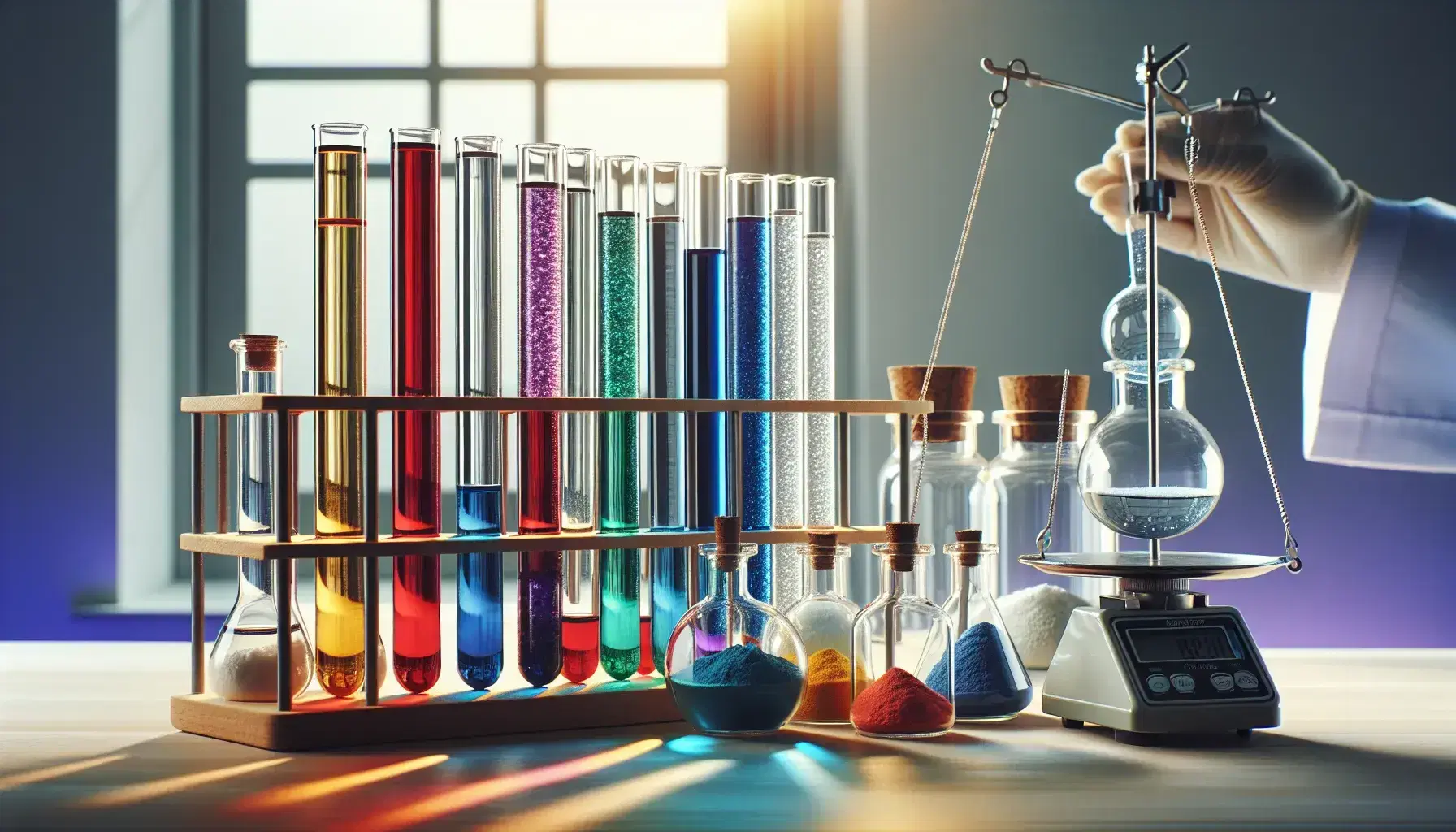 Serie di provette in vetro con liquidi colorati su banco laboratorio, bilancia analitica e pipetta in mano guantata, senza etichette.