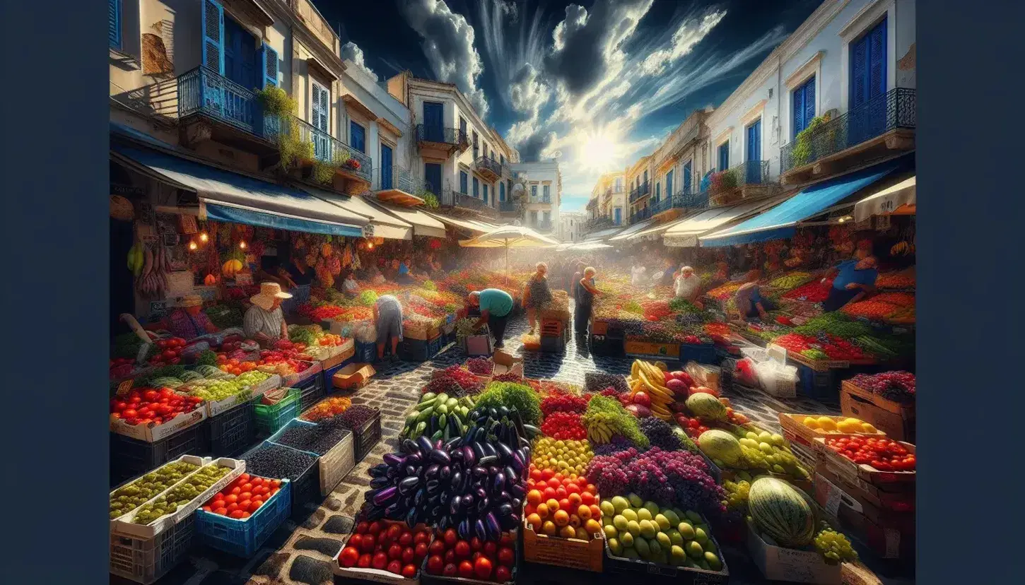Mercato all'aperto in città greca con bancarelle colorate di frutta e verdura, edifici mediterranei sullo sfondo e persone che fanno la spesa.