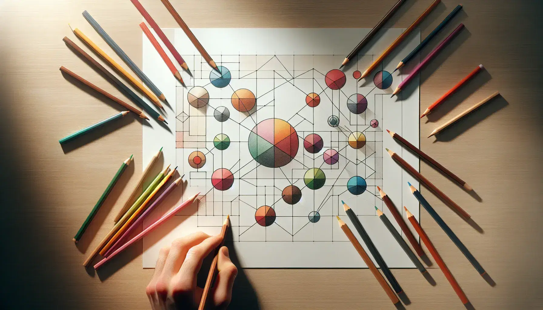 Mano sosteniendo lápices de colores ordenados cromáticamente sobre papel con figuras geométricas interconectadas, en superficie clara y lisa.