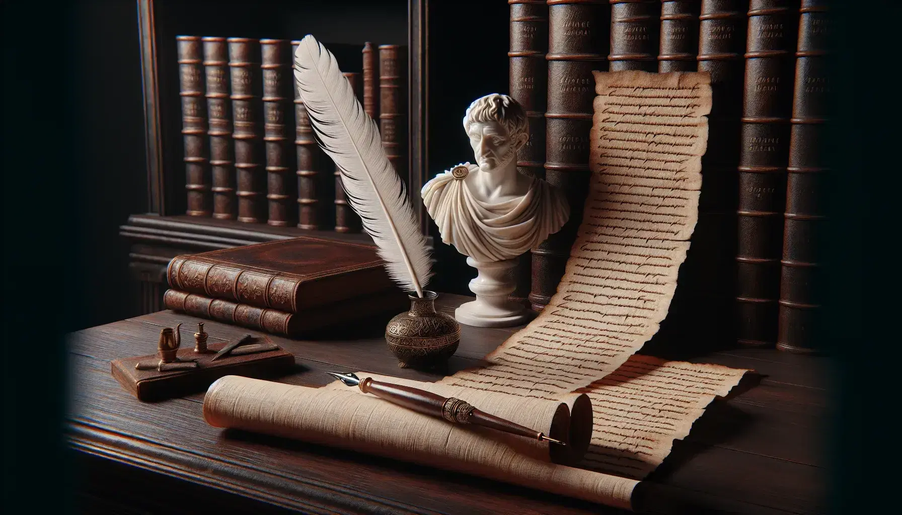 Scrivania in legno scuro con rotolo di papiro, penna d'oca e calamaio in bronzo, statuetta di Orazio su piedistallo e libreria con volumi rilegati.