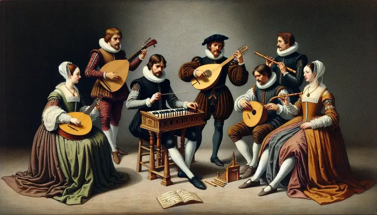 Conjunto rinascimentale esegue madrigale con direttore, liuto, clavicembalo, flauto dolce e viola da gamba su sfondo di arazzo.