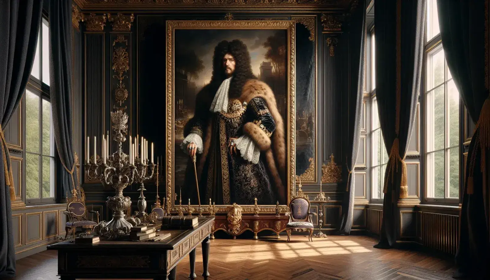 Opulent historical palace room with a life-sized oil painting of a regal figure in velvet and ermine, flanked by draped windows and a chandelier above.