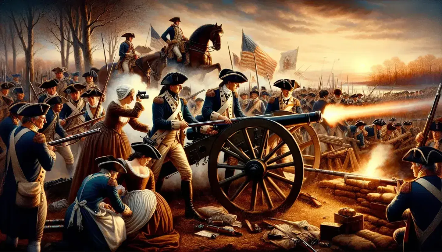 Continental Army soldiers load muskets and operate a cannon in battle, with support figures including a woman with bandages and a man on horseback, against a dusky battlefield backdrop.