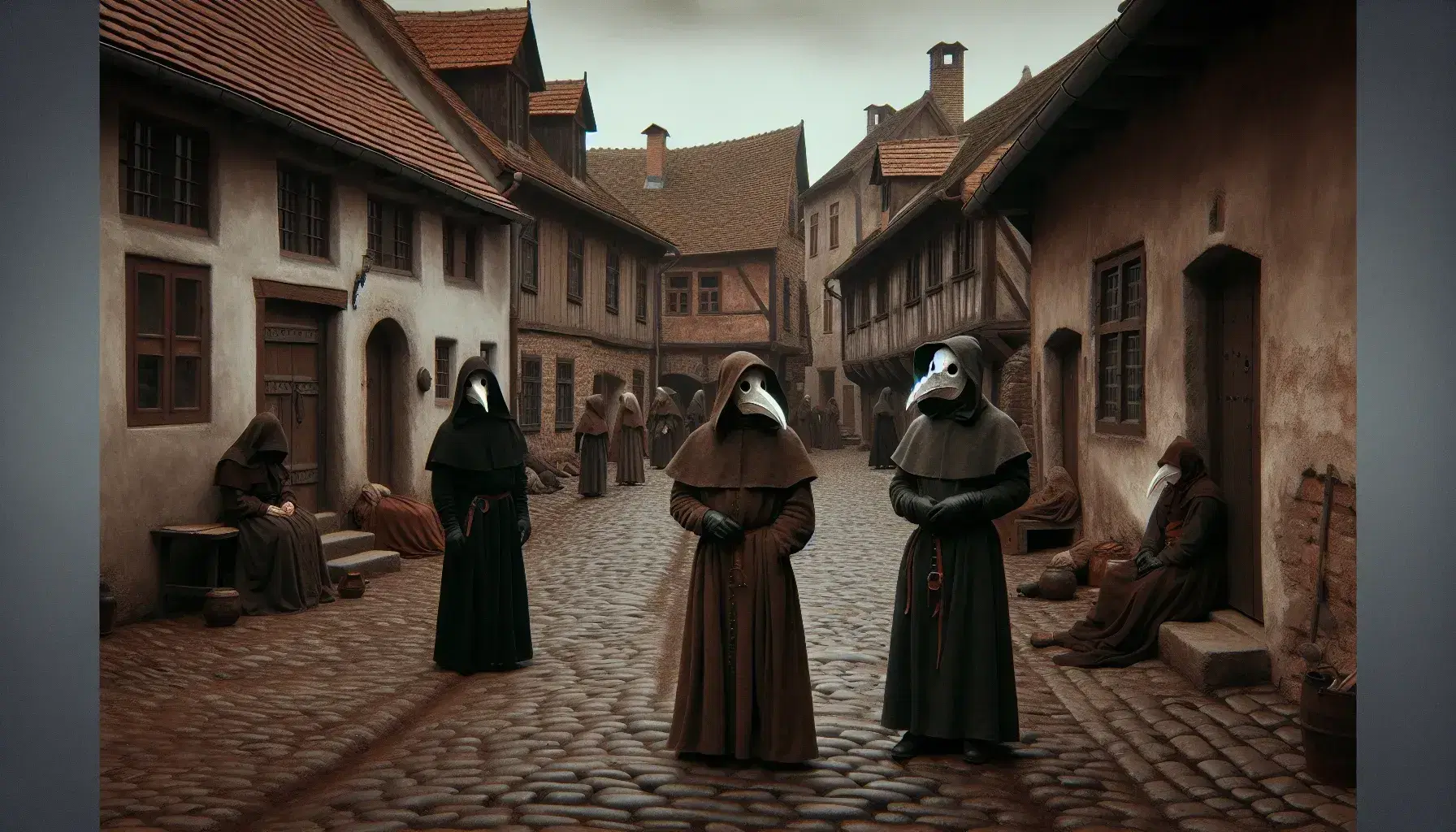 Escena medieval europea durante la Peste Negra con doctores de la peste enmascarados y aldeanos afectados en una calle empedrada.