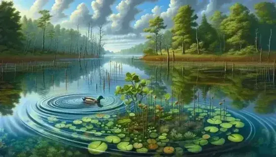 Pato nadando en un tranquilo ecosistema de agua dulce con plantas acuáticas, muelle de madera y árboles frondosos reflejados en un lago sereno bajo un cielo azul.