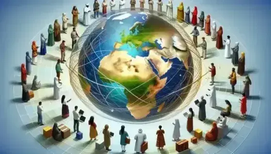 Globo terrestre circondato da persone in abiti tradizionali che simboleggiano la diversità culturale, con oggetti di tecnologia e commercio in primo piano.