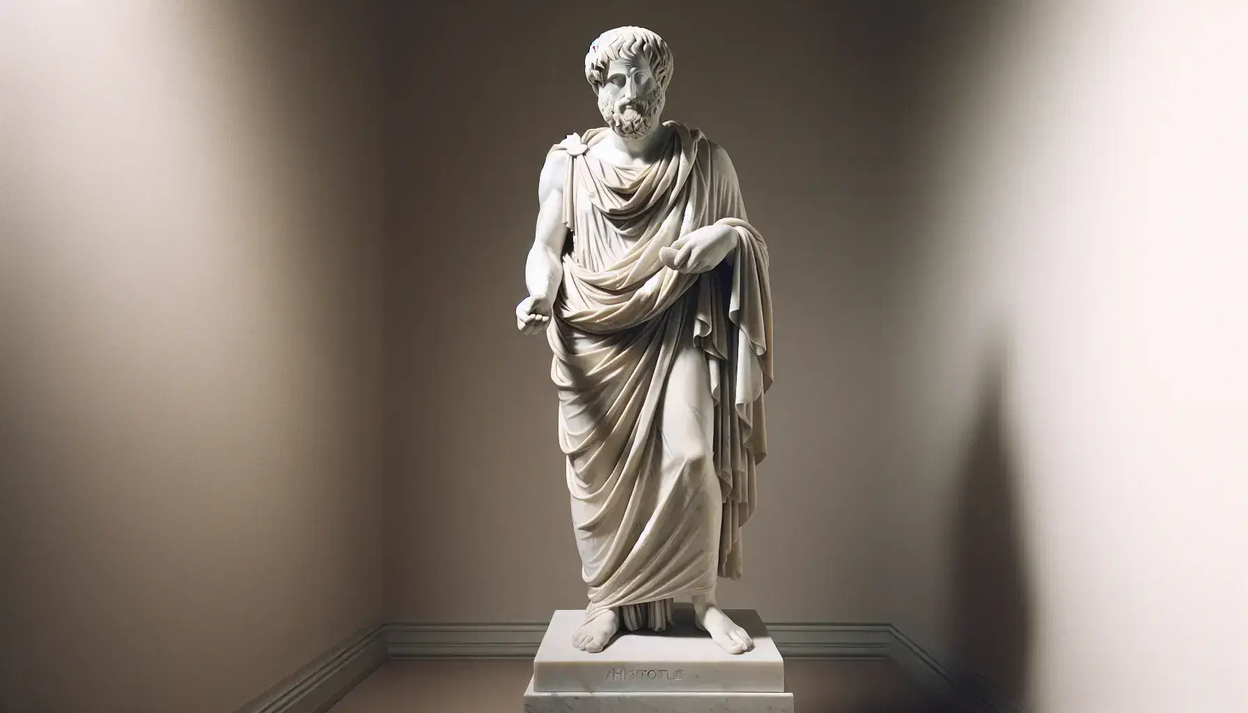 Statua in marmo bianco di Aristotele in posa pensosa con tunica drappeggiata, mano destra alzata e sinistra con rotolo, su piedistallo semplice.