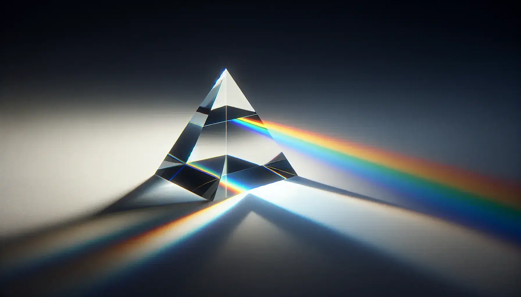 Glass prism on white surface refracting a beam of light into a spectrum of colors, illustrating Snell's Law and light dispersion.