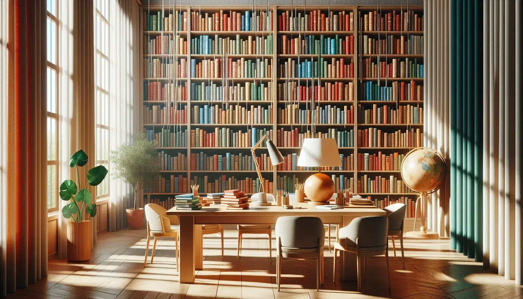 Biblioteca colorata con scaffali di libri multicolore, scrivania in legno, sedie varie, lampada, pianta e finestra con tende beige.