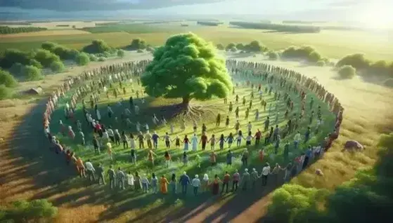 Círculo de personas diversas unidas de la mano alrededor de un árbol frondoso en un campo verde bajo un cielo azul claro.