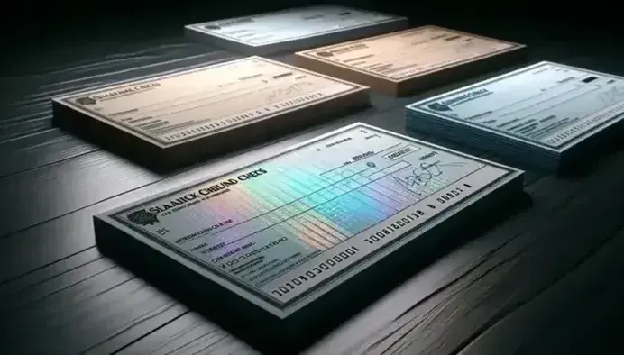 Assegni bancari sovrapposti con linee di sicurezza olografiche su superficie scura, senza testi visibili.