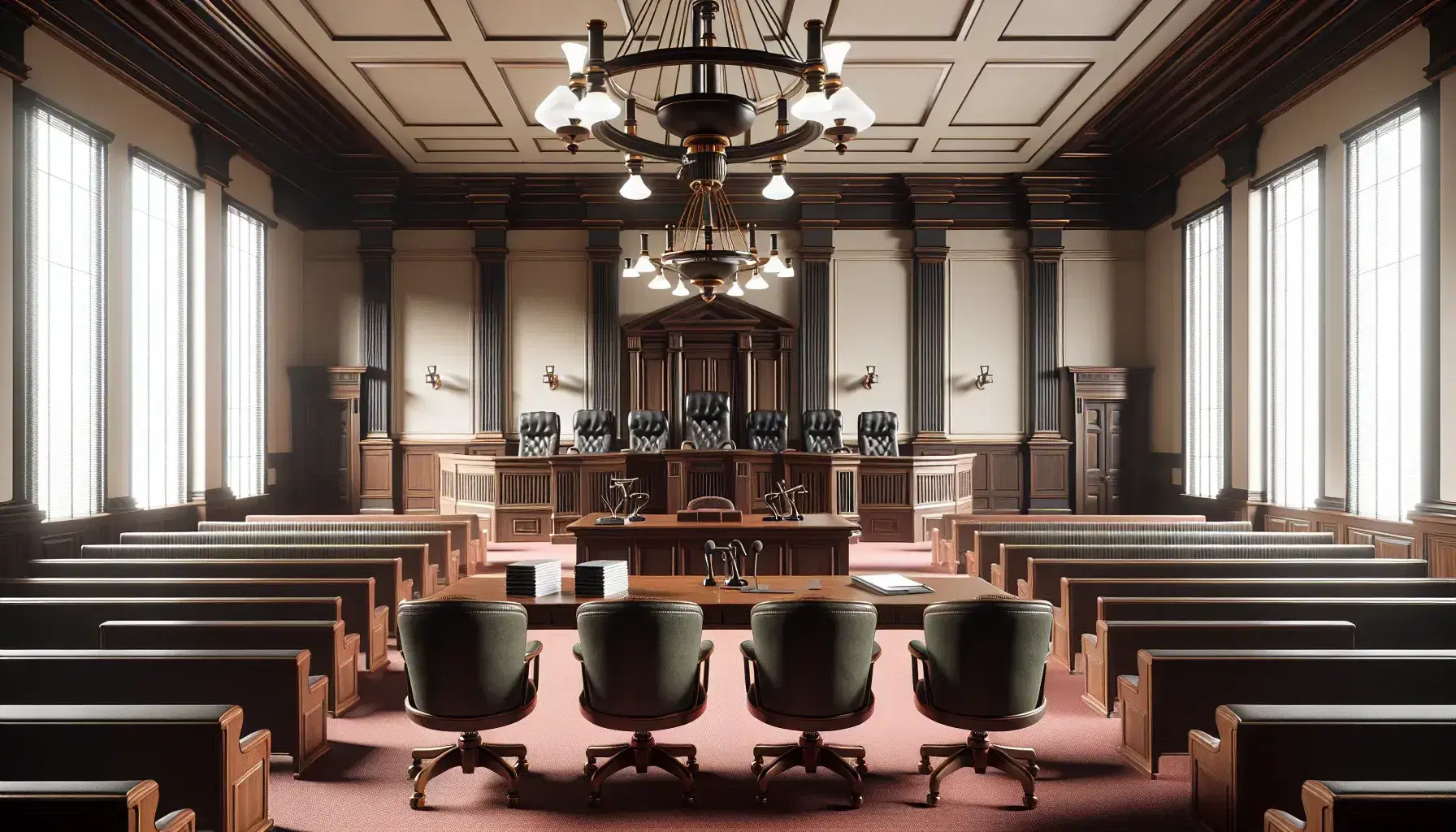 Aula di tribunale vuota con scrivania del giudice in legno scuro, sedie in pelle verde, microfoni neri, banchi per il pubblico e grande lampadario.