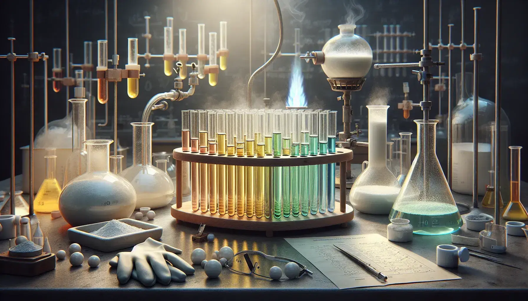 Laboratory with test tubes containing colored solutions, lit Bunsen burner, white powder, safety glasses and latex gloves on bench.