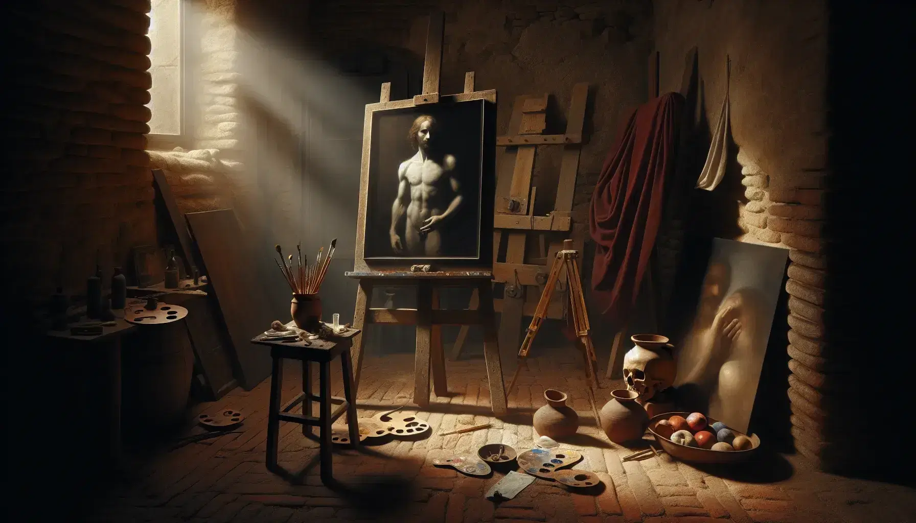 Atelier d'artista del XVII secolo con tela incompiuta in stile Caravaggio su cavalletto, oggetti sparsi sul pavimento e manichino di legno.