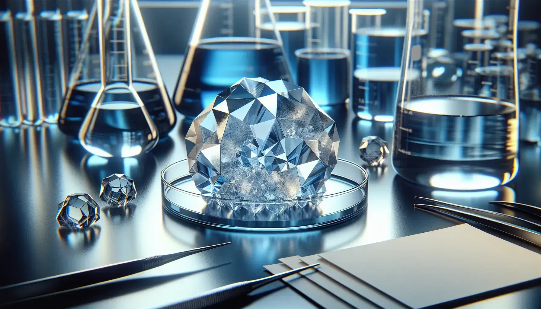 Geometric light blue crystals in a Petri dish on reflective laboratory bench, flanked by beakers and tweezers, with blurry bottles background.
