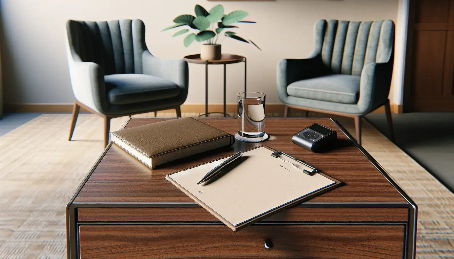 Psychologist's office with wooden desk, blue padded chair, beige armchairs for interviews and green plant on coffee table.