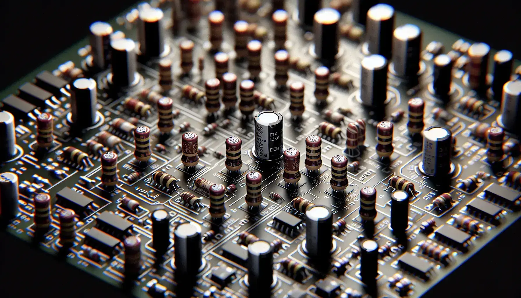 Close-up of a modern black and white printed circuit board with electronic components, resistors, capacitors and integrated circuits.
