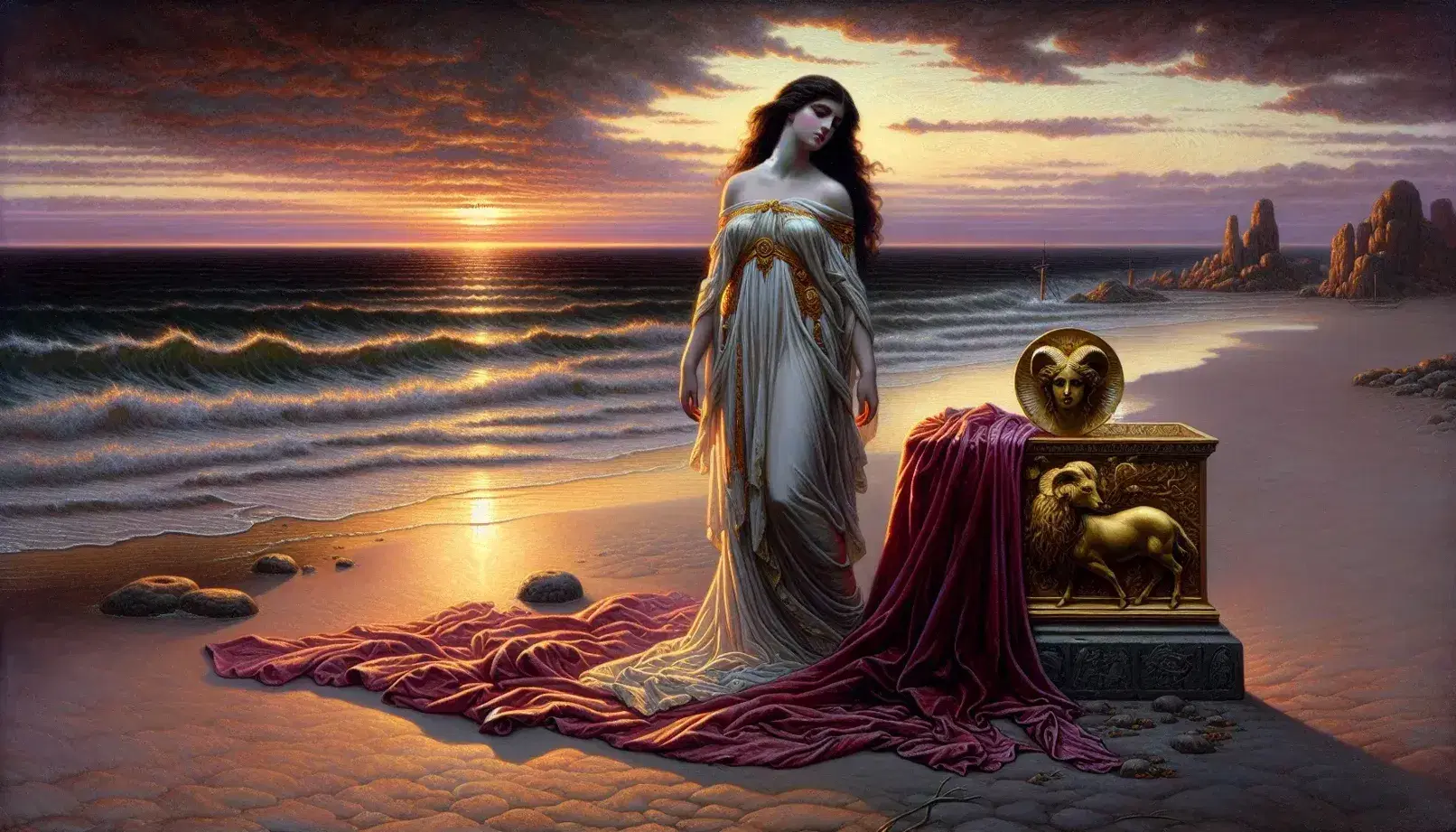 Tramonto in riva al mare con donna in abito bianco antico, mantello rosso sulla sabbia e statuetta dorata di ariete.