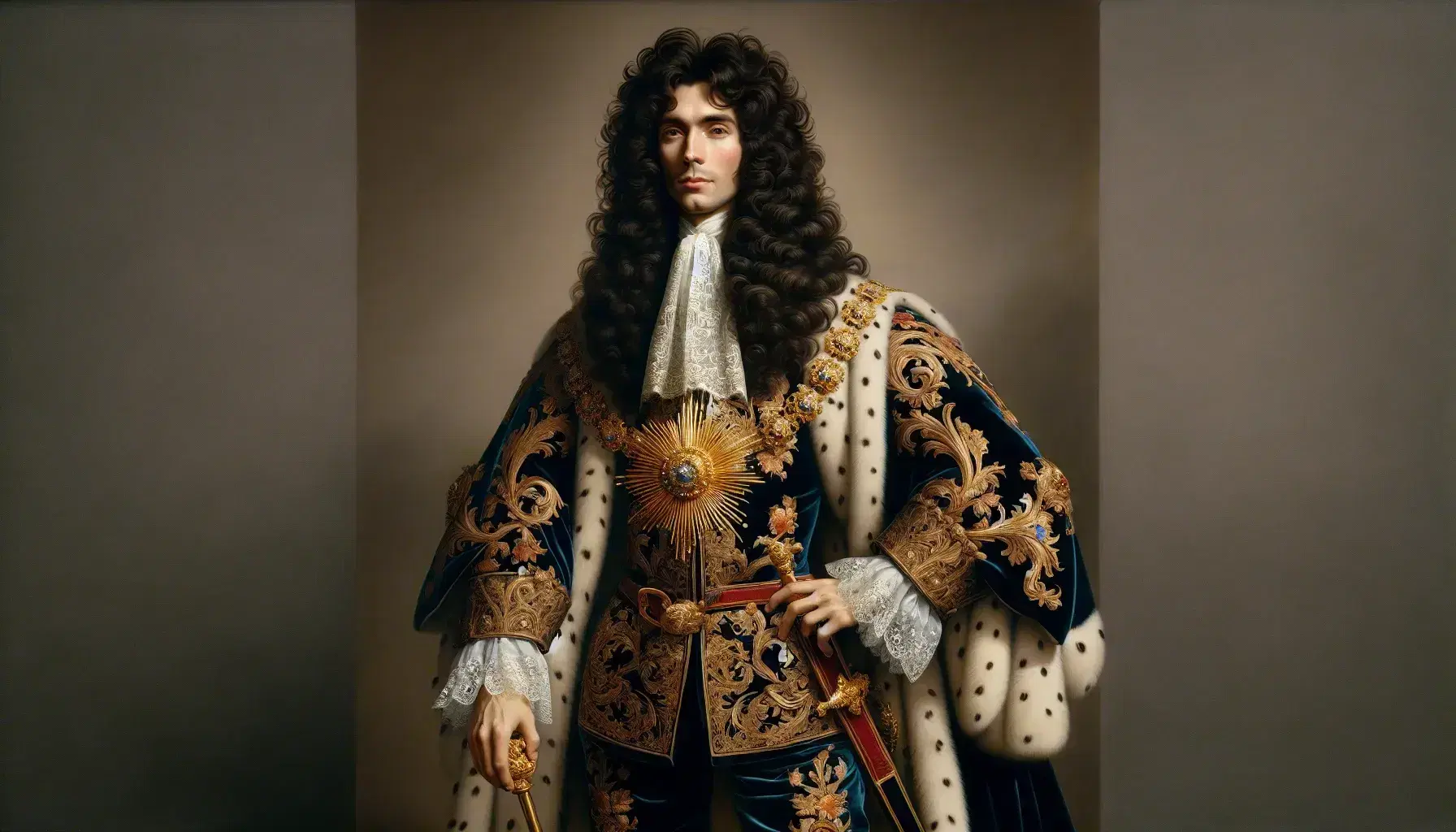 Ritratto uomo in abito regale del XVII secolo con giacca blu ricamata, mantello rosso, pizzo al collo e spada dorata.