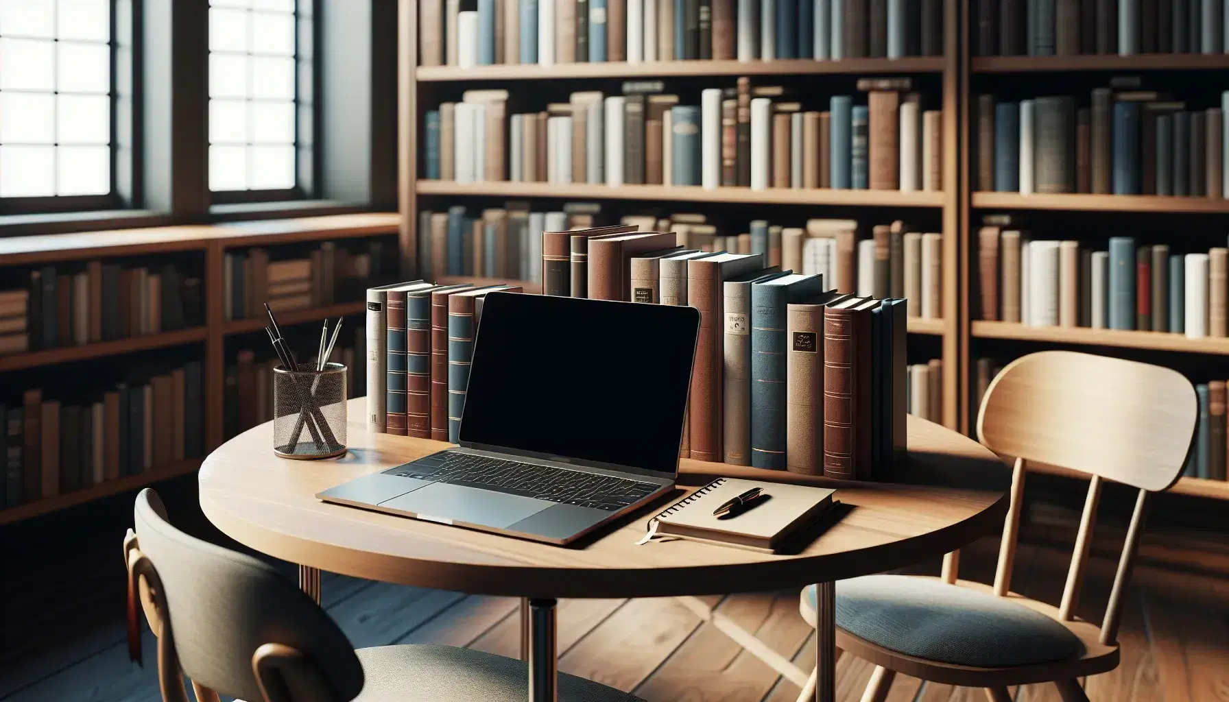 Biblioteca iluminada con estantes de madera y libros variados, mesa con laptop apagado, libros apilados, cuaderno y pluma, junto a silla con cojín gris.