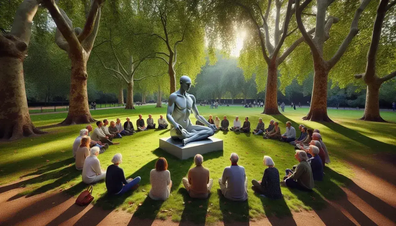 Grupo diverso de personas sentadas en círculo alrededor de una escultura de meditación en un parque, bajo la sombra de árboles con luz solar filtrándose.