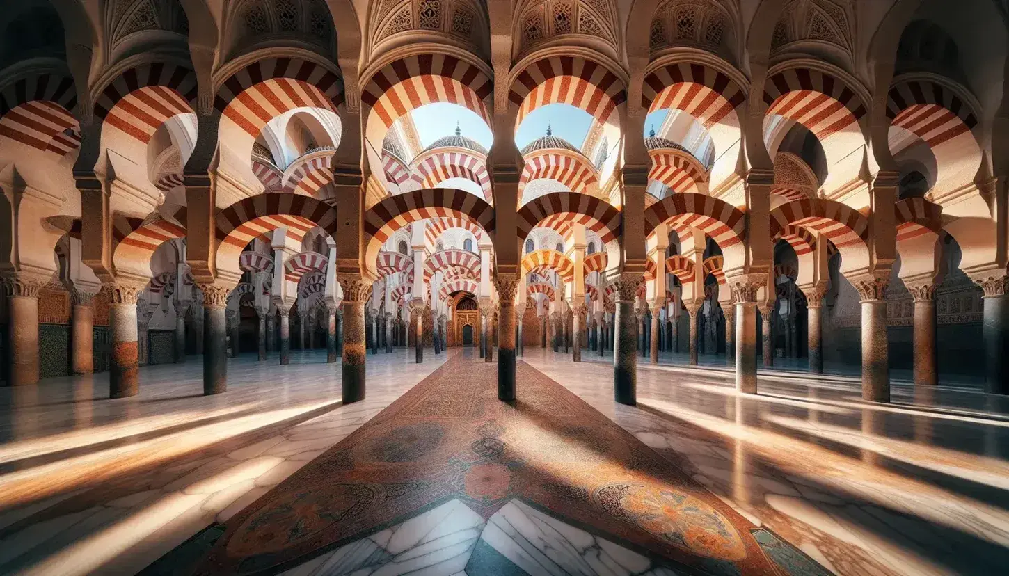 Vista panorámica de la Mezquita-Catedral de Córdoba con arcos de herradura bicolores y columnas de mármol bajo un cielo azul despejado.