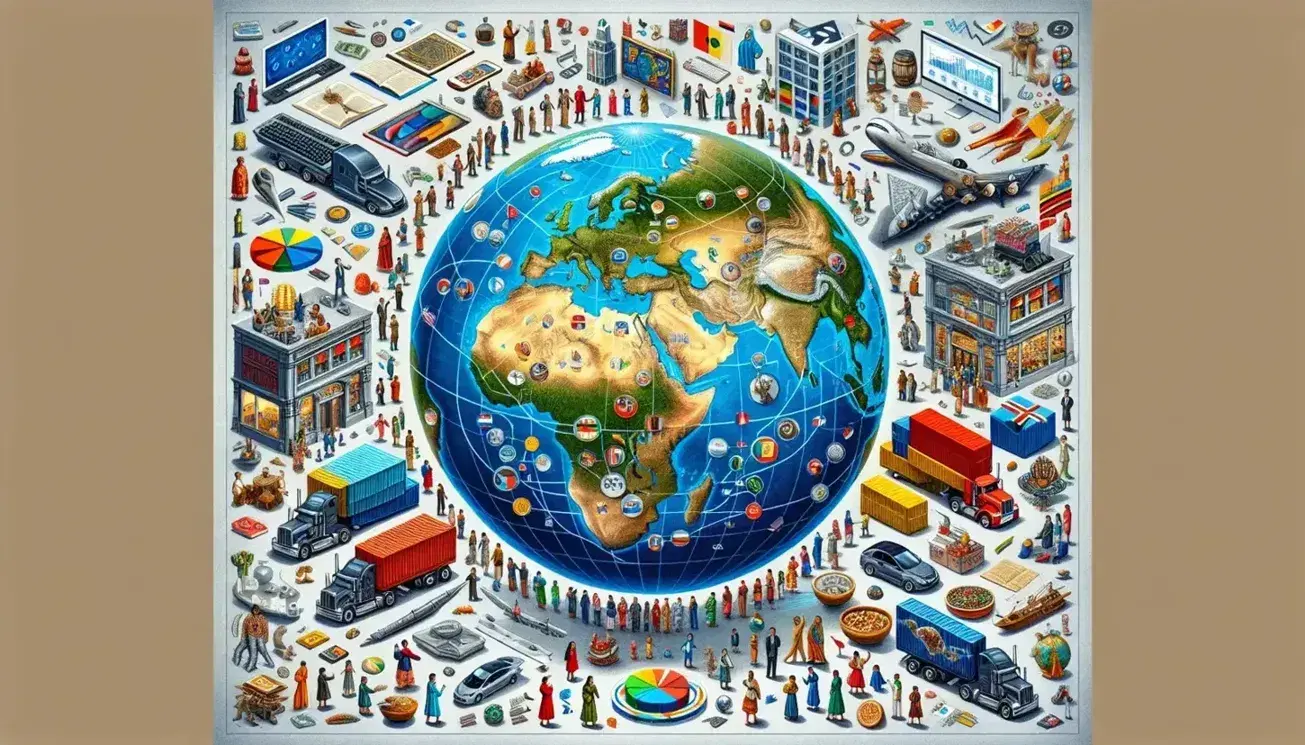 Globo circondato da figure umane in abiti tradizionali, prodotti manifatturieri, navi mercantili, edifici politici e simboli culturali che rappresentano la globalizzazione.