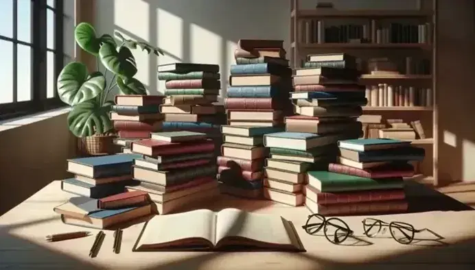 Libros apilados en mesa de madera con un libro abierto y gafas al lado, bajo luz natural que resalta texturas y planta verde al fondo.