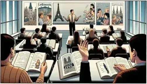 Diverse students in a classroom focus on a teacher by a chalkboard, with French landmark posters and a textbook showing conversational illustrations.