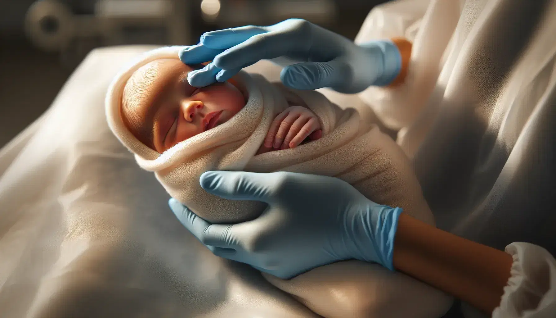 Manos enguantadas de un profesional de la salud sujetando con cuidado a un recién nacido envuelto en una manta blanca, con su cabecita pelona y ojos cerrados, transmitiendo serenidad y atención médica.