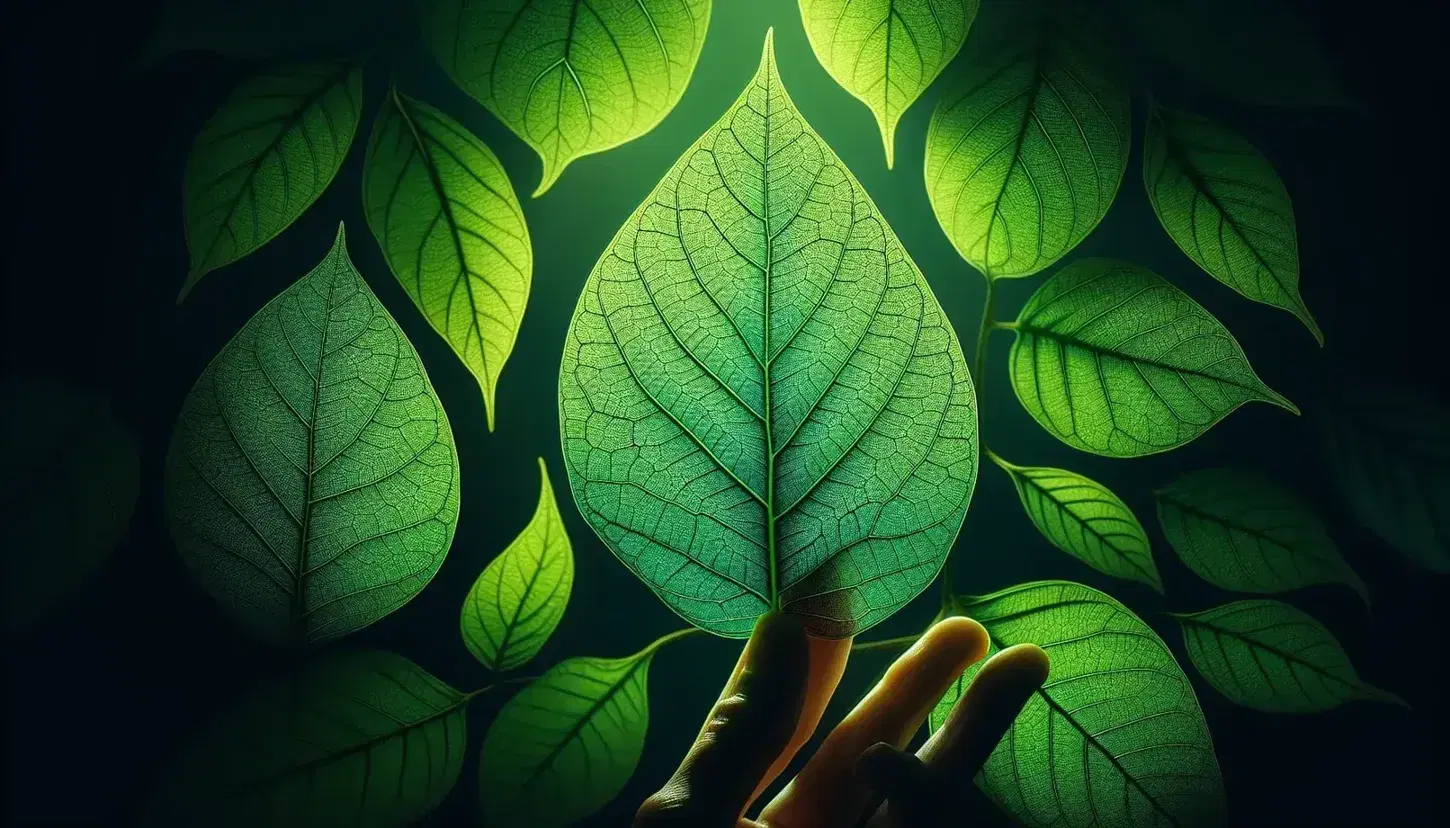 Hoja verde translúcida iluminada a contraluz mostrando su red de venas y texturas con hojas desenfocadas en el fondo.