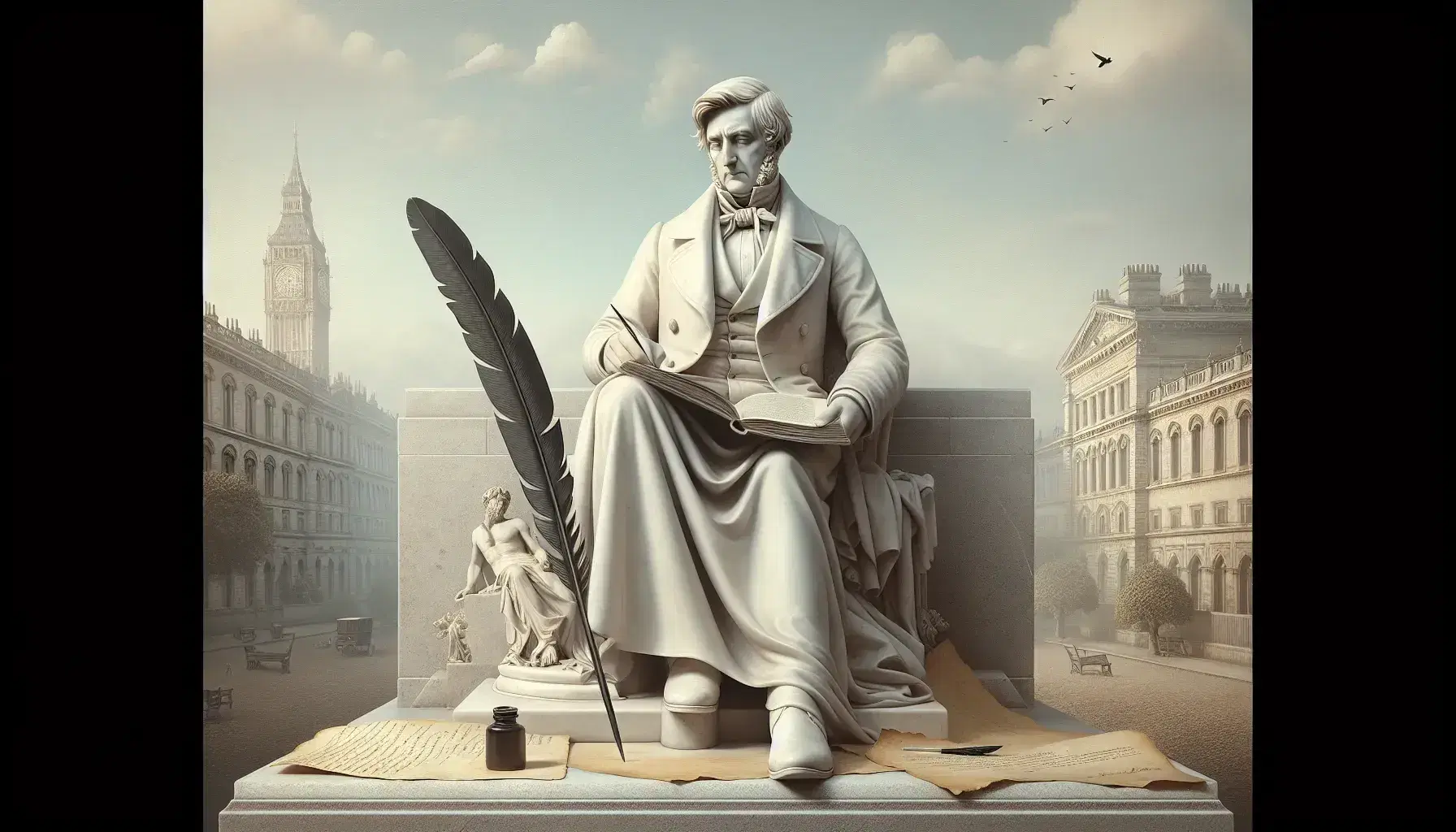 Statua in marmo bianco di figura storica del XIX secolo seduta con libro aperto, sfondo di paesaggio europeo e penna d'oca su carta ingiallita.