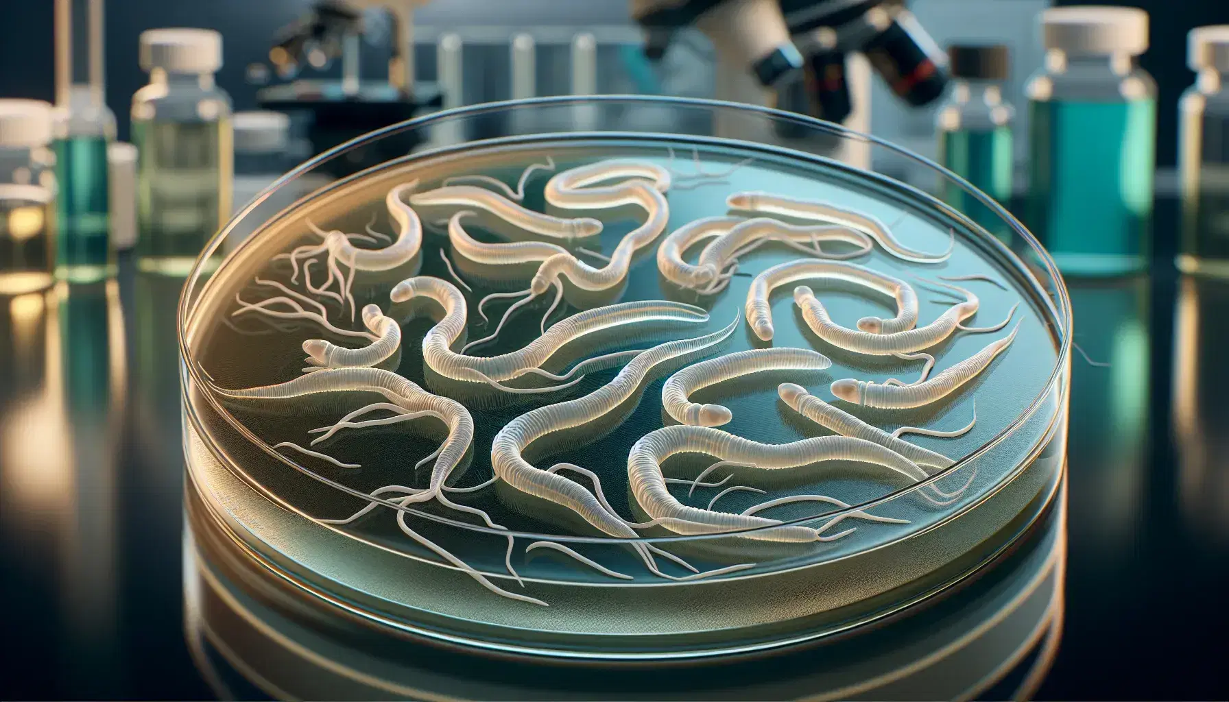 Close-up view of Caenorhabditis elegans nematodes on a pale yellow agar plate in a blurred laboratory background, showcasing their sinuous, thread-like forms.