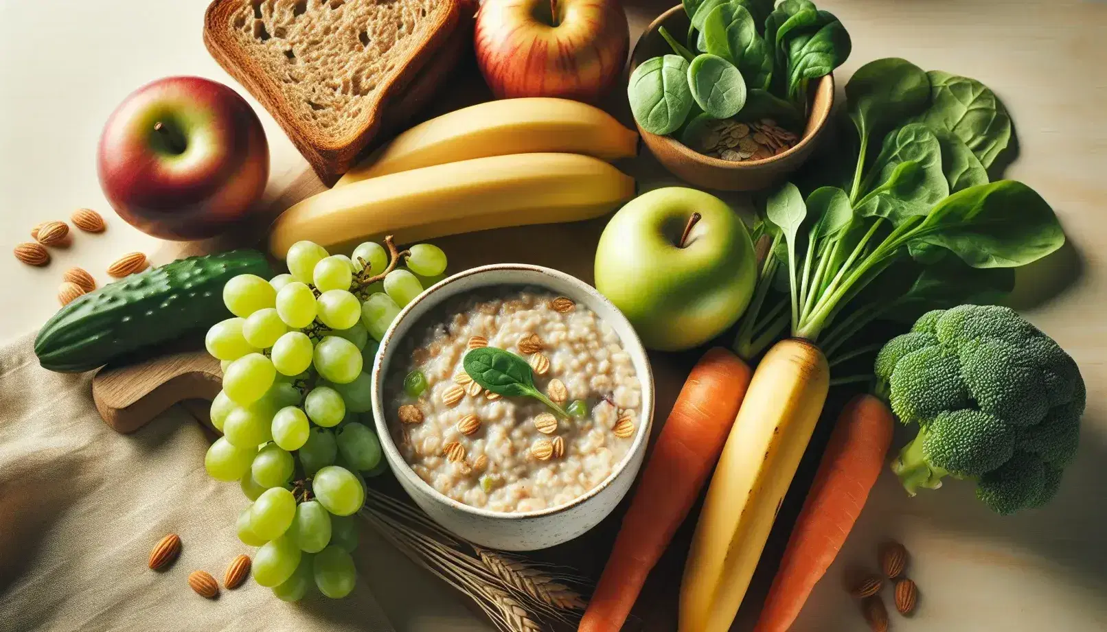 Desayuno saludable con avena cocida en bol, uvas verdes, manzana roja, banana madura, pan integral y zanahoria fresca sobre superficie de madera.
