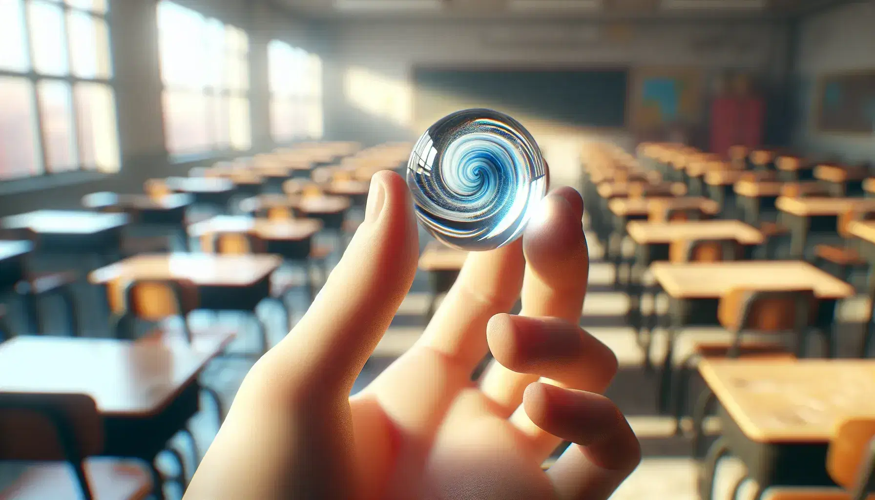 Close-up of a hand holding a glass marble with a blue and white swirl, sharply focused against a blurred classroom background.