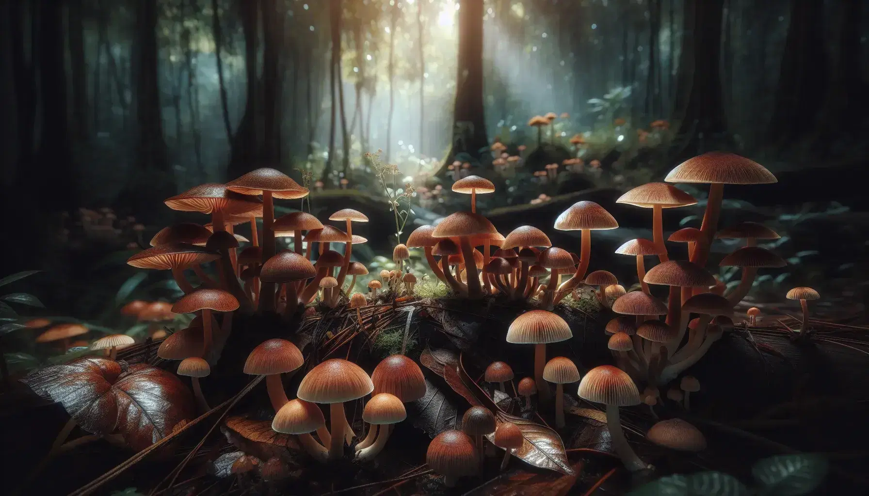 Variedad de hongos con sombreros rojizos y marrones emergiendo entre hojas secas y suelo húmedo bajo la luz filtrada de un bosque.