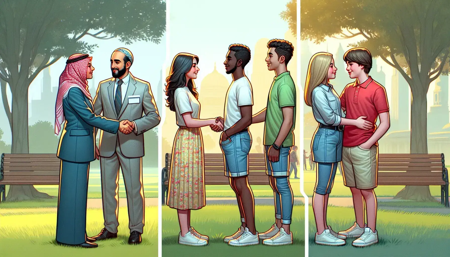 Diverse group of people engaging warmly in a park, with a Middle-Eastern man and South Asian woman shaking hands, a white woman and black man hugging, and teens fist-bumping.