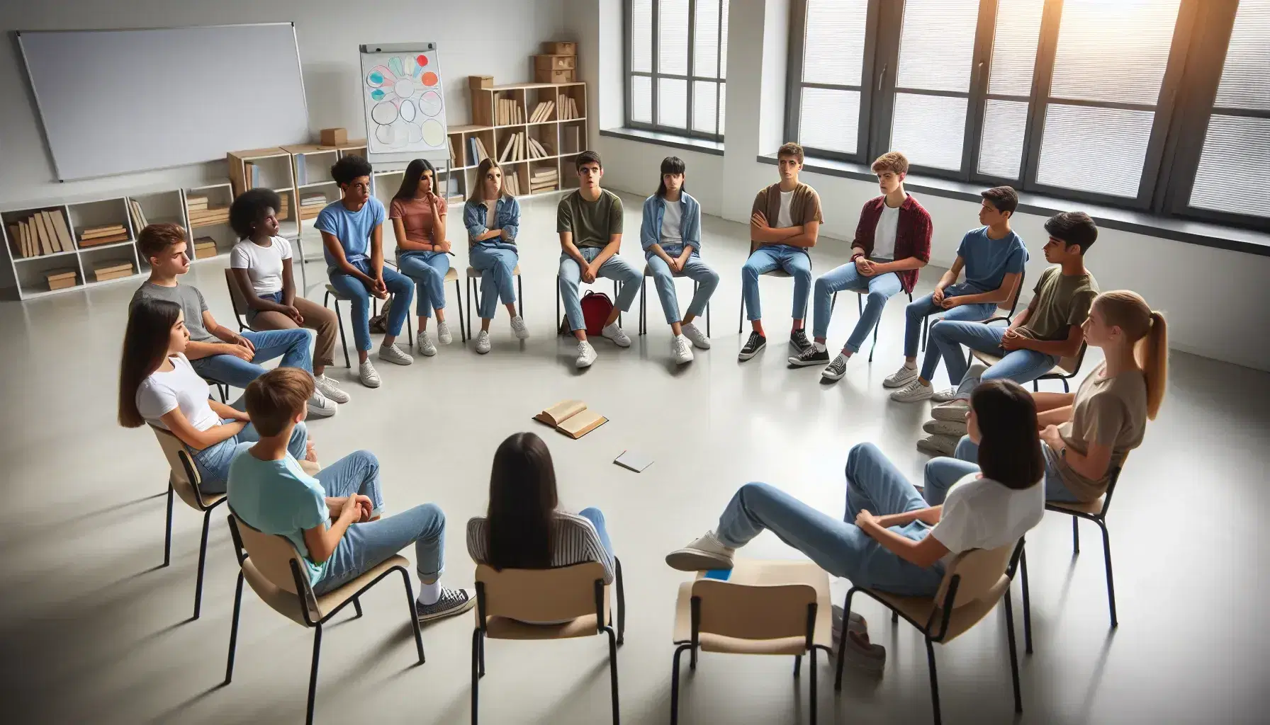 Gruppo eterogeneo di adolescenti seduti in cerchio su sedie in aula, impegnati in un dibattito senza libri o quaderni, in un ambiente luminoso.