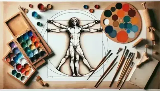Riproduzione dettagliata dell'Uomo Vitruviano di Leonardo con palette, pennelli e manichino in studio d'artista rinascimentale.