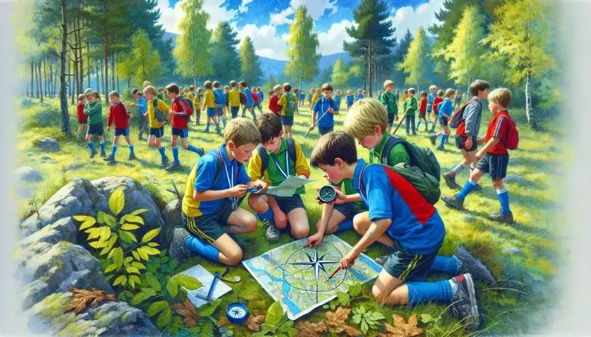 Bambini in attività di orienteering con bussola e mappa in un bosco, vestiti sportivi colorati, apprendimento esperienziale all'aperto.