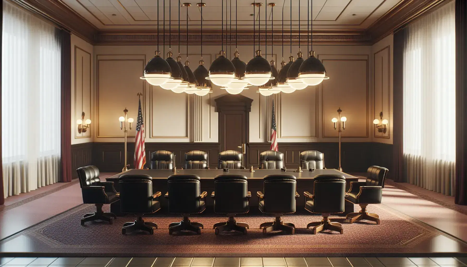 Sala de tribunal vacía con mesa de madera oscura, sillas de cuero negro, bandera sin emblema y alfombra roja, iluminada por lámparas colgantes.