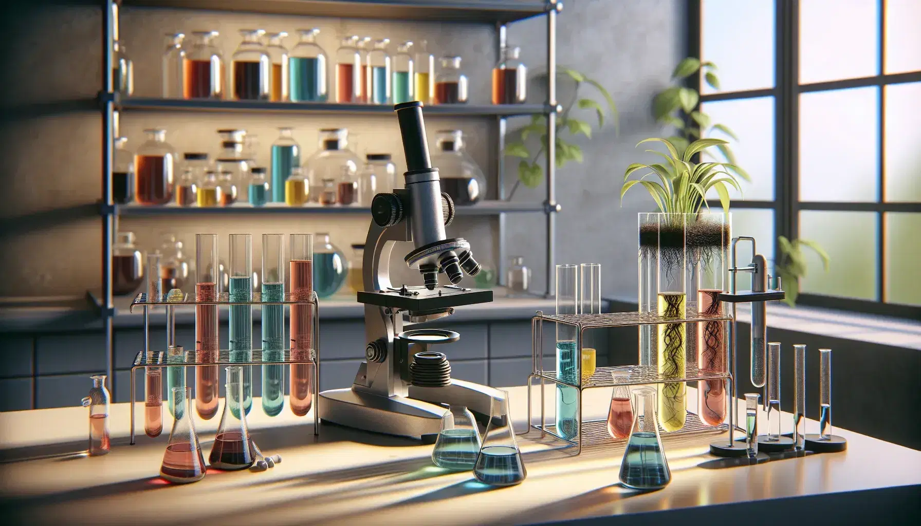 Laboratorio de biología con microscopio metálico, tubos de ensayo con líquidos de colores y planta enraizada en recipiente de vidrio.