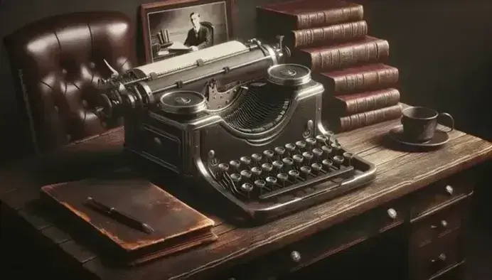 Vintage early 20th-century typewriter on a worn wooden desk beside leather-bound books, with an old photo of a man using a similar machine in the background.