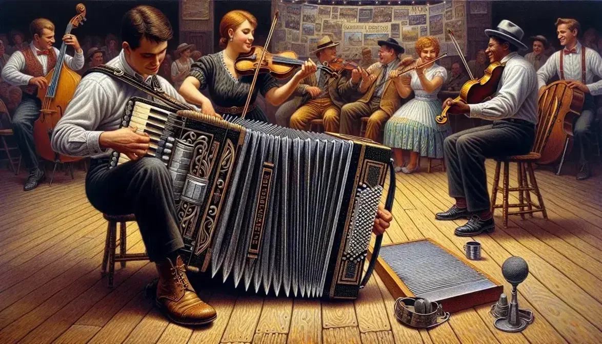 Cajun band performs outdoors with an accordion player, fiddler, and washboard musician, as dancers enjoy the lively music on a wooden floor.